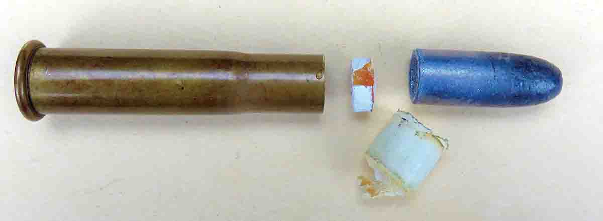 Cartridge with the bullet pulled, showing the lube disk in the middle.